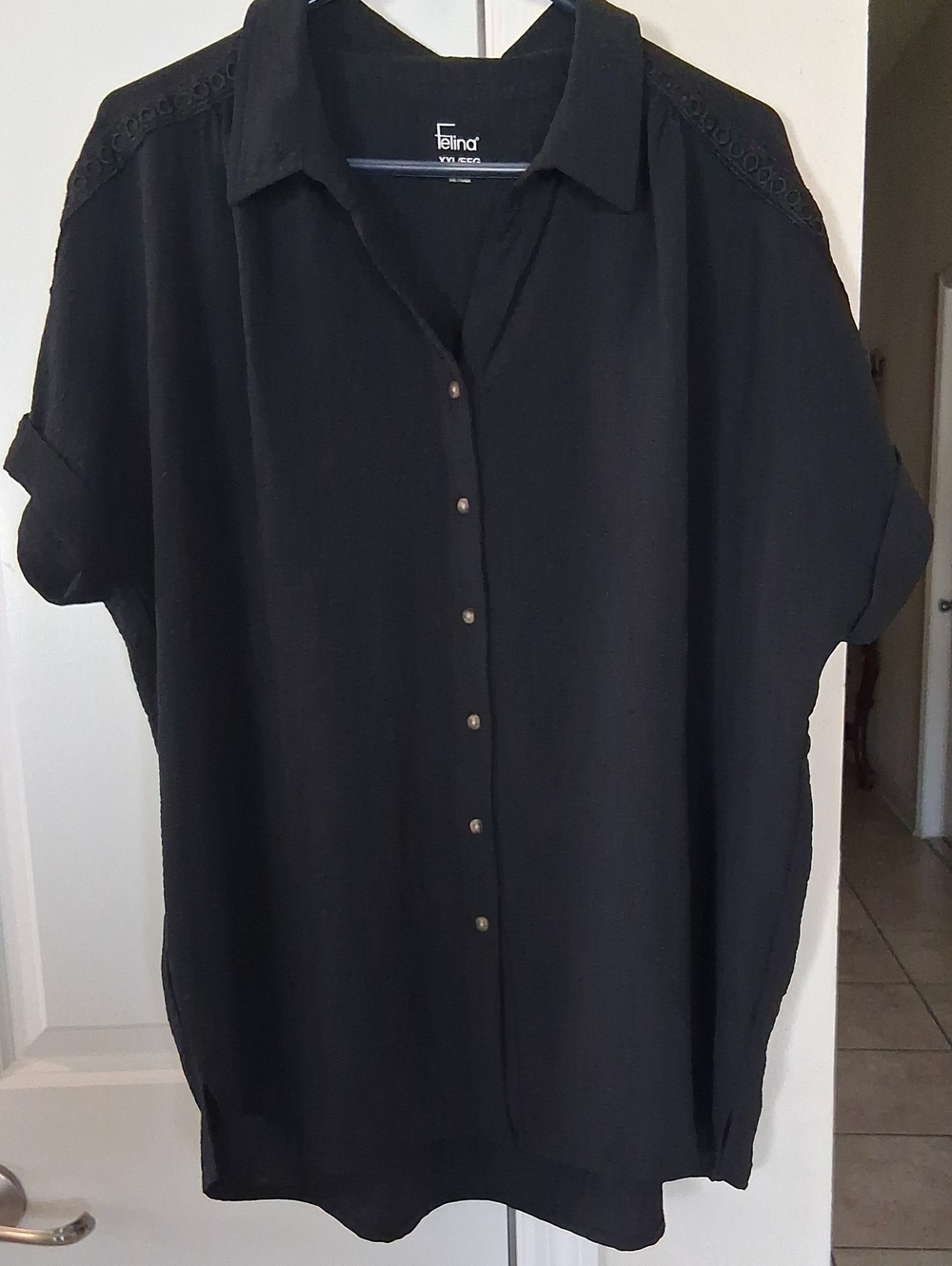 B: Felina Black Short Sleeve Button-Front Shirt with Lace Shoulders